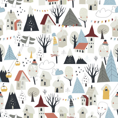 Seamless pattern with Cute Little Houses, Snowing Mountains and Treesのイラスト素材