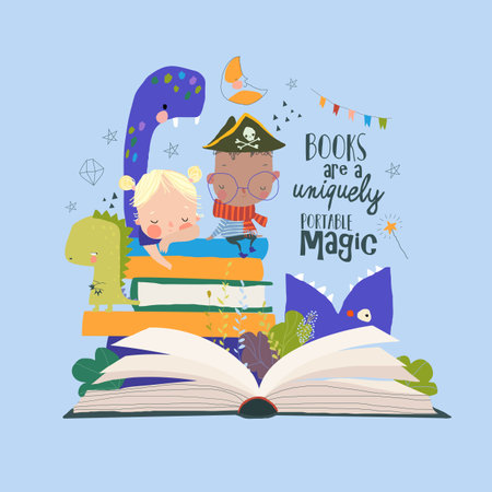 Cute Cartoon Children sitting on Stack of Books among Fairytale Monstersのイラスト素材
