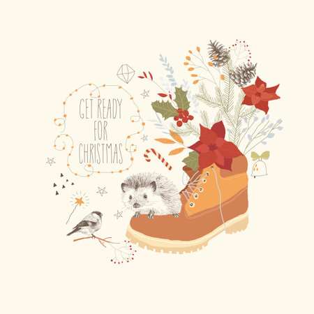 Funny Hedgehog sitting on Big Boot with Winter Bouquetのイラスト素材