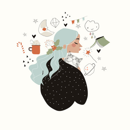Cartoon Cute Woman hugging Cat. Illustration on White Backgroundのイラスト素材