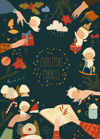 Merry Christmas Party Poster with Hands Holding Little Angelsのイラスト素材