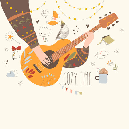 Cartoon Hands playing Guitar. Autumn Mood with Graphic Elementsのイラスト素材