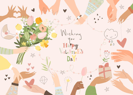 Valentine s Card. Cartoon Frame with Hands, Flowers and Heartsのイラスト素材