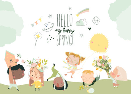 Cartoon Group of Happy Children meeting Springのイラスト素材