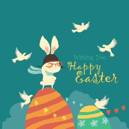Happy Easter Illustration with Cute White Bunnies, Easter Eggs and Pigeonsのイラスト素材