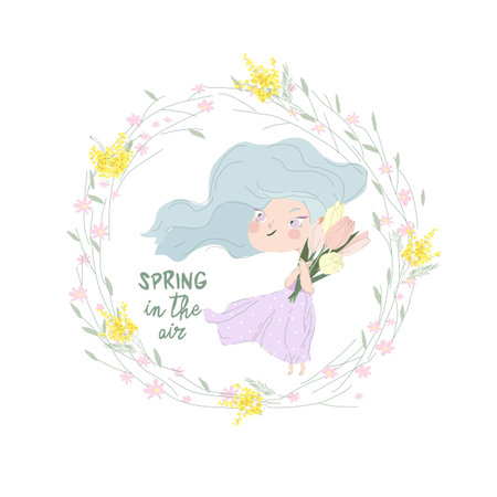 Cute Girl holding Bouquet of Tulips in Spring Floral Wreathのイラスト素材