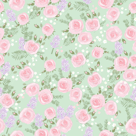 Seamless Pattern with Pink Roses on Green Backgroundのイラスト素材