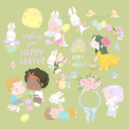 Cartoon Easter Set with Cute Children, Easter Eggs and Rabbitsのイラスト素材