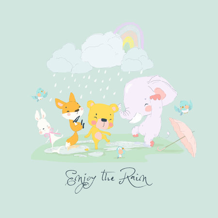 Cute Cartoon Animals enjoying and having fun the Summer Rainのイラスト素材