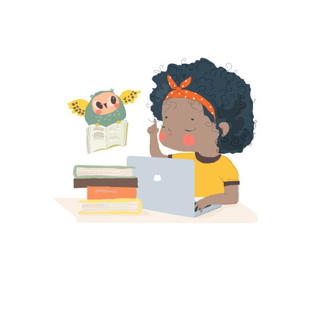 Cute Cartoon Girl working at the Computerのイラスト素材