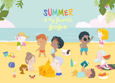 Kids sunbath swimming in the Sea at Summer Children s Camp on Sea Beach Shoresのイラスト素材