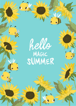 Cute Cartoon Frame with Sunflowers and Beesのイラスト素材
