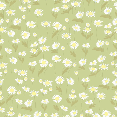 Seamless Pattern with Daisy Flower on Green Backgroundのイラスト素材