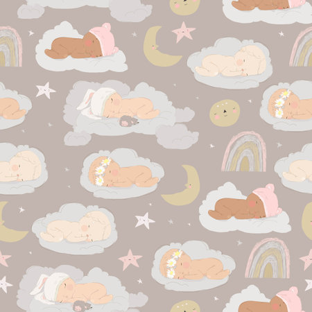 Seamless Pattern with Cute Babies sleeping on a Cloudsのイラスト素材