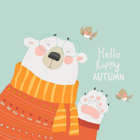 Cute Polar Bear wearing Cozy Sweater saying Hello Autumnのイラスト素材