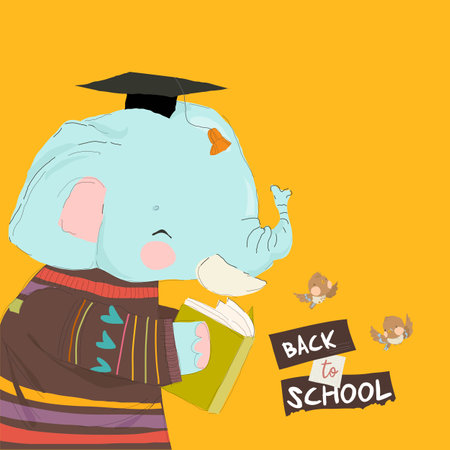 Cute Cartoon Elephant reading Book. Back to Schoolのイラスト素材