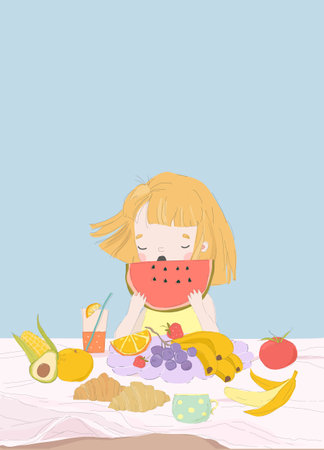 Happy Girl eating Watermelon. Summer fFresh Food, Vitamin Productのイラスト素材