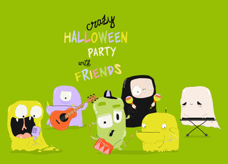 Funny Halloween Monsters Band playing Crazy Musicのイラスト素材