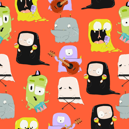 Seamless Pattern with Funny Halloween Monsters Band playing Crazy Musicのイラスト素材