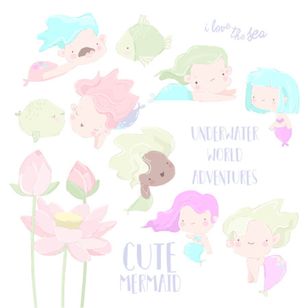 Cartoon Set with Cute Mermaids on White Backgroundのイラスト素材