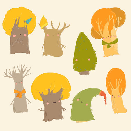 Cartoon Autumn Set with Cute Colorful Treesのイラスト素材