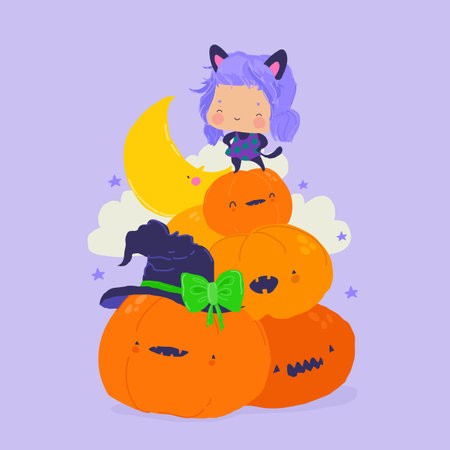 Cute Little Witch standing on Heap of Halloween Pumpkinsのイラスト素材