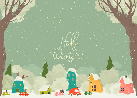 Cute Cartoon Colorful Houses with Winter Treesのイラスト素材