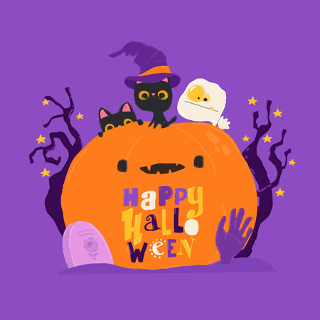 Cartoon Halloween Illustration with Pumpkin and Black Catsのイラスト素材