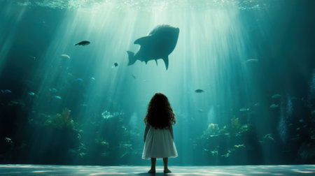 A young girl gazes in awe at a giant fish swimming in a sunlit aquarium, AIの写真素材