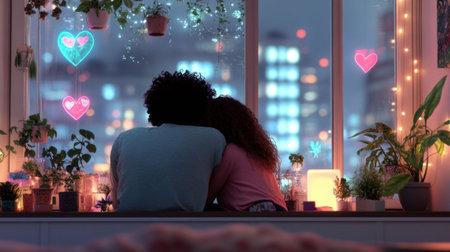 Couple enjoying a cozy evening by a window with neon heart lights, AIの素材