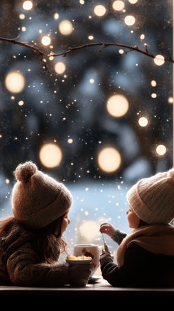 Two children enjoy hot cocoa by a window, watching snowflakes fall gently outside, AIの素材