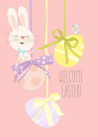 Happy Easter Greeting Card with Cute White Bunny and Easter Eggsのイラスト素材