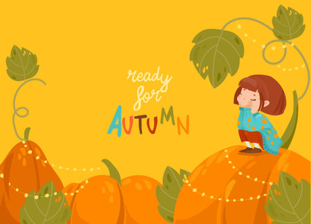 Cartoon Little Girl Sitting on Big Pumpkinのイラスト素材