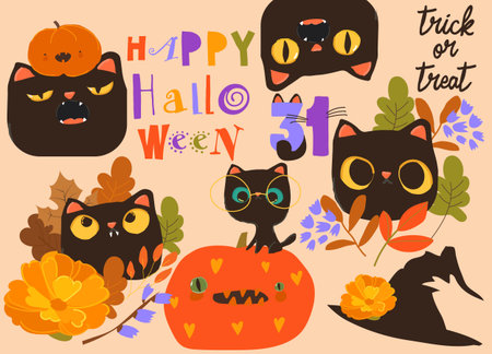 Halloween Set with Funny Cats and Pumpkins. Happy Halloweenのイラスト素材