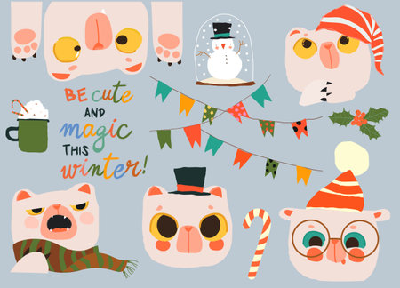 Cartoon Set With Cute Polar Bear Faces and Christmas Elementsのイラスト素材