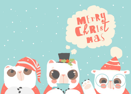 Cute Polar Bears celebrating Christmas on Blue Backgroundのイラスト素材