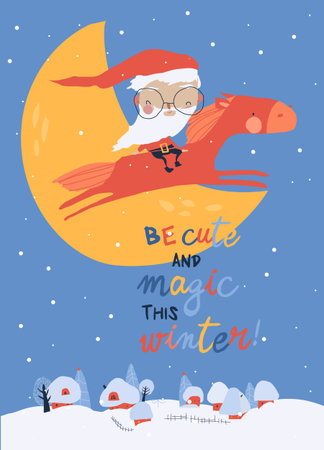 Santa Claus flying on Red Horse above Christmas Villageのイラスト素材