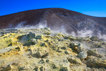 Sulfur gas coming out of the volcanic crater on the Vulcano Island, Aeolian Islands, Sicily, Italyの写真素材