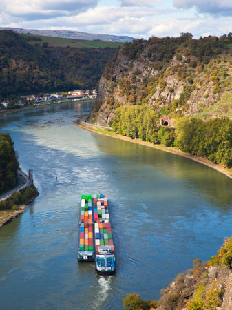 View of the River Rhine Gorge to the historic Lorelei Rockの写真素材