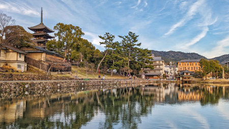 view over the lake Sarusawa-Ike in Nara with blue skyの写真素材