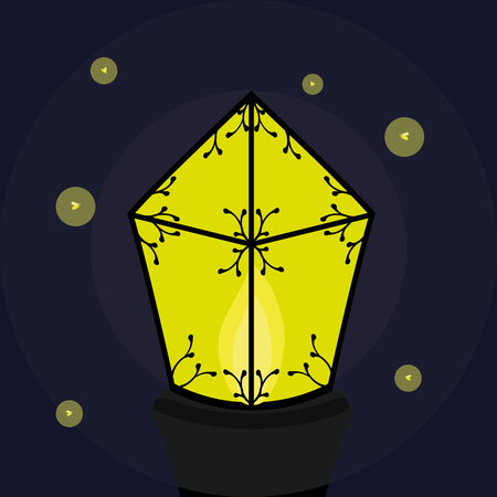 Burning forged lantern with bright, flying around, firefliesのイラスト素材