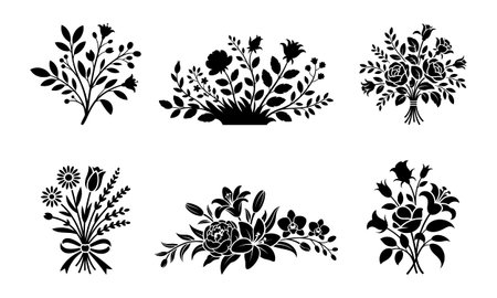 six black floral silhouettes on white background black, white, floral. black and white floral silhouettes on white background flowers...のイラスト素材