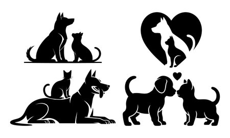 A set of four black silhouette of dogs and cats on a white background, depicting friendship and affection, with heart symbol.のイラスト素材