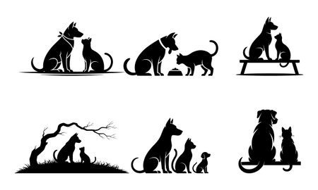 A collection of black silhouettes featuring dogs and cats in various poses and settings, including sitting, standing, eating, and interacting with each...のイラスト素材