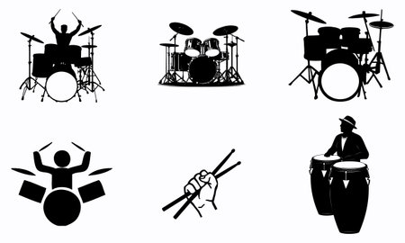 A collection of black silhouettes featuring drummers and drum sets with cymbals on a white background, including various drumming poses and equipment.のイラスト素材