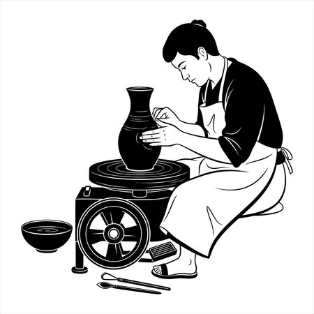 A woman in an apron kneels beside a pottery wheel, shaping a vase with her hands. A bowl and tools are nearby. The is in black and white.のイラスト素材