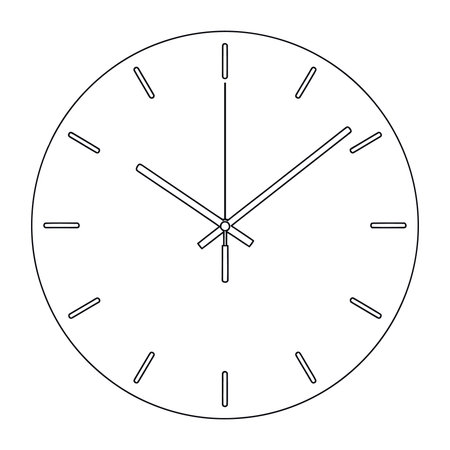 A simple black and white of an analog clock face with hour and minute hands, and short lines marking...