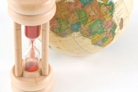  Earth globe and wooden hour glass のeditorial素材