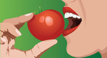 Woman eating vector tomatoes on green backgroundのイラスト素材
