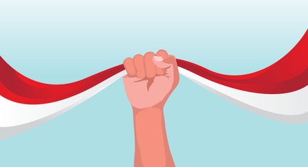 Indonesia Independence Day. Hand holding Indonesian flag. Vector illustrationのイラスト素材